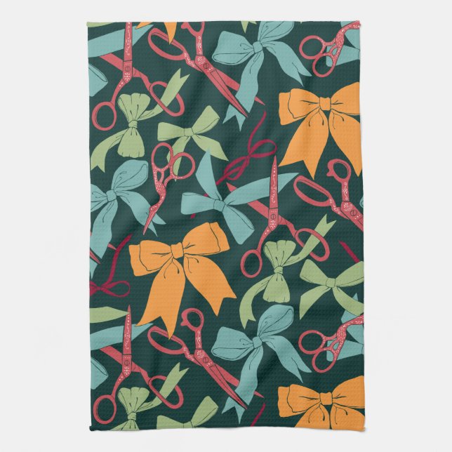 Folk Art Holiday Bows and Scissors Christmas Gold Kitchen Towel (Vertical)