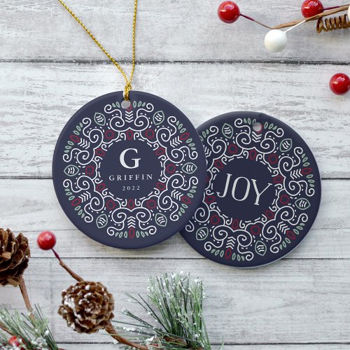 Folk Art Holiday Monogram Ceramic Ornament