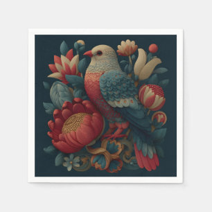 Folk Art Illustration of a Bird Among Vibrant Flow Napkins