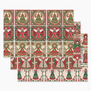 Folk Art Inspired Angels at Christmas 3 Wrapping Paper Sheets