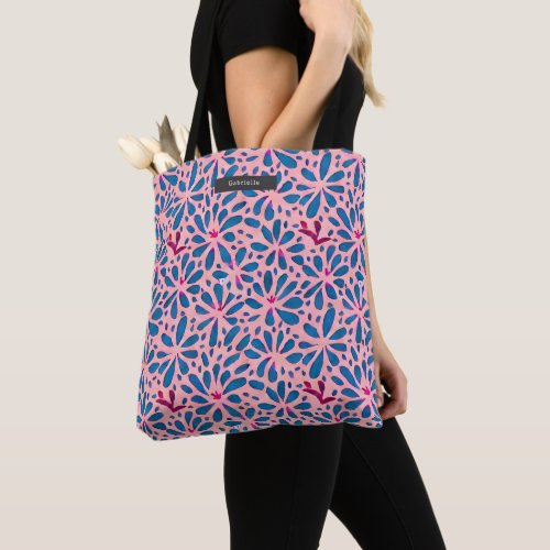 Folk Art Inspired Pink  Blue Floral Tote Bag