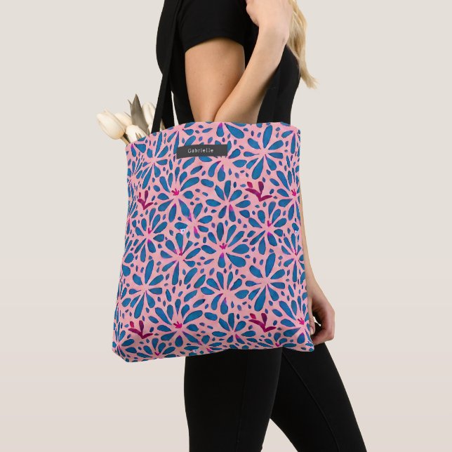 Folk Art Inspired Pink & Blue Floral Tote Bag (Close Up)
