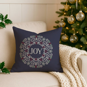Folk Art Joy Holiday Monogram Throw Pillow