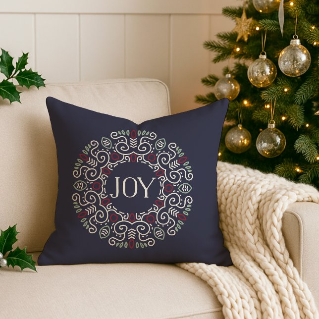 Folk Art Joy | Holiday Monogram Throw Pillow (Creator Uploaded)