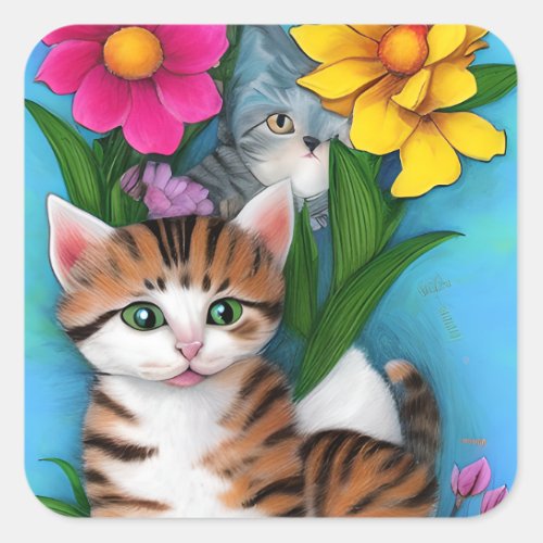 Folk Art Kittens and Flowers Square Sticker