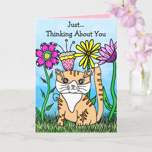 Folk Art Kitty Cat Thinking About You Card