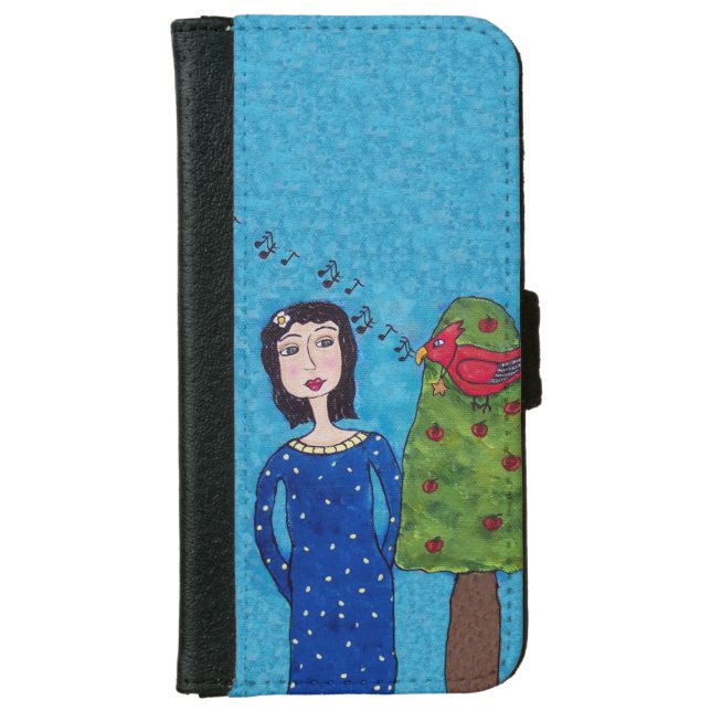 Folk Art Lady Apple Tree Red Bird Musical Notes iPhone Wallet Case (Front)