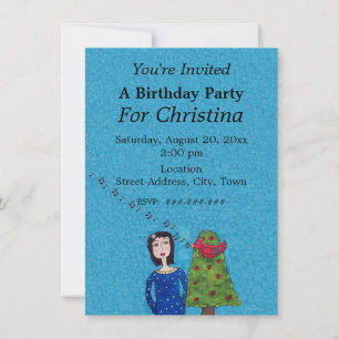 Folk Art Lady Apple Tree Singing Red Bird Blue Invitation