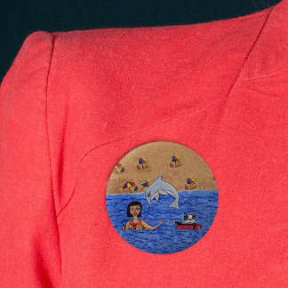 Folk Art Lady Cat Beach Ocean Dolphin Swimming Pinback Button