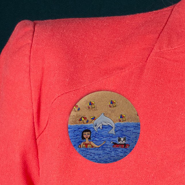 Folk Art Lady Cat Beach Ocean Dolphin Swimming Pinback Button (Woman with cat inner tubes in ocean with jumping grey dolphin beach umbrellas on pin back button.)