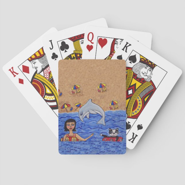 Folk Art Lady Cat Beach Ocean Dolphin Swimming Poker Cards (Back)