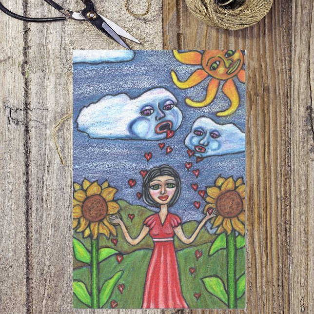Folk Art Lady Clouds Sunflowers Sun Hearts Tissue Paper (Clouds raining red hearts over woman  sunflowers sun with face on tissue paper.)