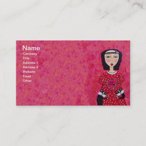 Folk Art Lady two Loving Black Cats Red Heart Business Card