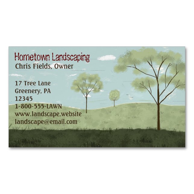 Folk Art Landscape | Country Fields and Trees Business Card Magnet (Front)