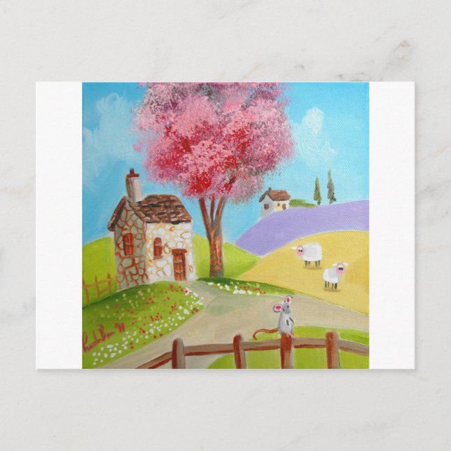Folk art landscape mouse sheep old cottage postcard (Front)