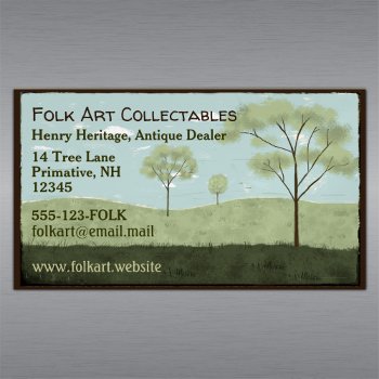 Folk Art Landscape Primitive Americana Trees Business Card Magnet by jennsdoodleworld at Zazzle