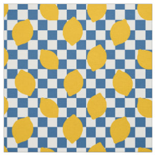 Folk Art Lemon on Checkerboard in Gold & Blue  Fabric