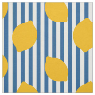 Folk Art Lemon on Stripes in Gold & Blue  Fabric