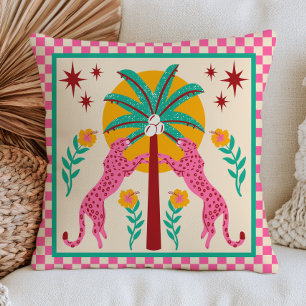 Folk Art Leopards with Palm Tree Checkered BOHO Throw Pillow