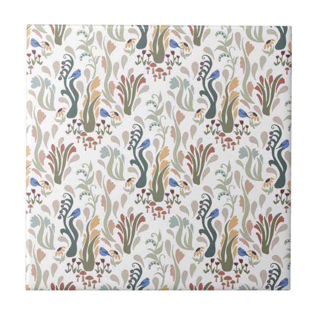 Folk Art Meadow & Blue Bird in Earth Tones Ceramic Tile (Front)