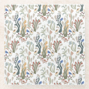 Folk Art Meadow & Blue Bird in Earth Tones Glass Coaster