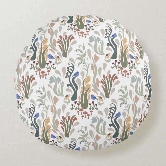 Folk Art Meadow & Blue Bird in Earth Tones Round Pillow (Front)