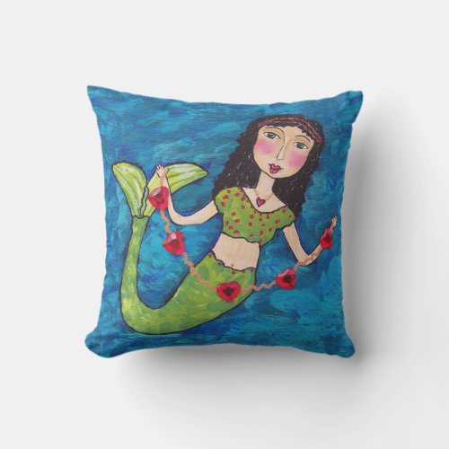 Folk Art Mermaid Green Tail String of Red Hearts Outdoor Pillow
