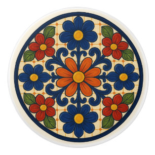 Folk Art Mexican Talavera Floral Ceramic Knob