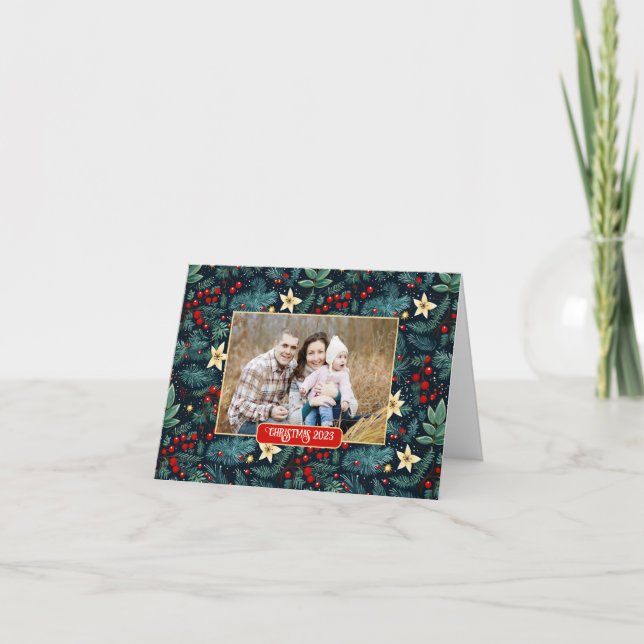 Folk Art Mistletoe Holly Berries Christmas Photo Card (Front)