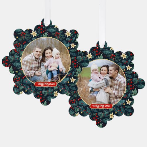 Folk Art Mistletoe Holly Berries Christmas Photo Ornament Card