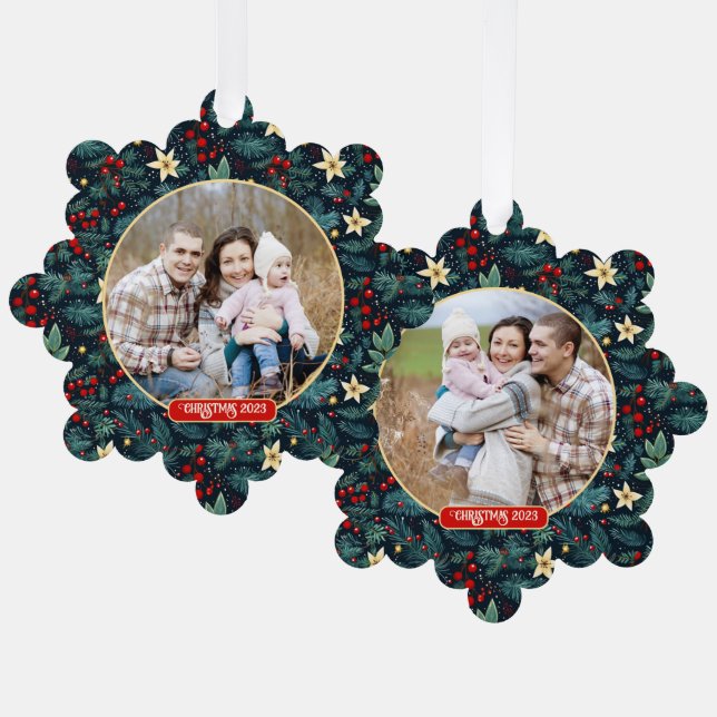Folk Art Mistletoe Holly Berries Christmas Photo Ornament Card (Front/Back)