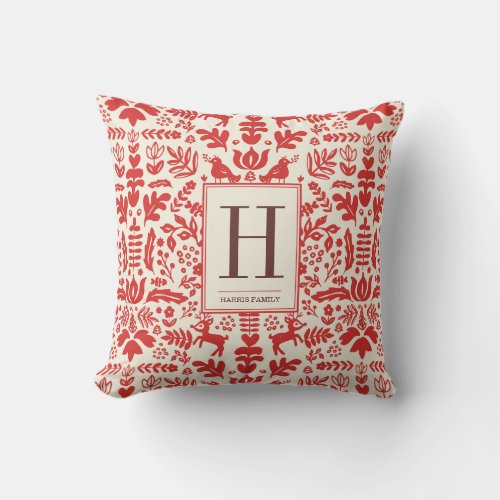 Folk Art Monogram Holiday Throw Pillow