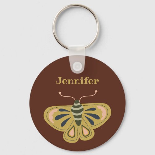 Folk Art Moth Butterfly on Brown Personalized Keychain