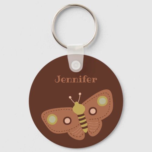 Folk Art Moth Butterfly on Brown Personalized Keychain