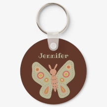 Folk Art Moth, Butterfly on Brown Personalized Keychain