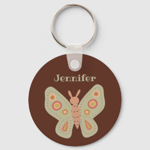 Folk Art Moth, Butterfly on Brown Personalized Keychain
