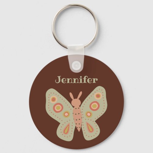 Folk Art Moth Butterfly on Brown Personalized Keychain