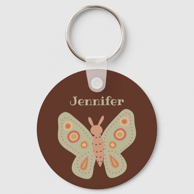 Folk Art Moth, Butterfly on Brown Personalized Keychain (Front)