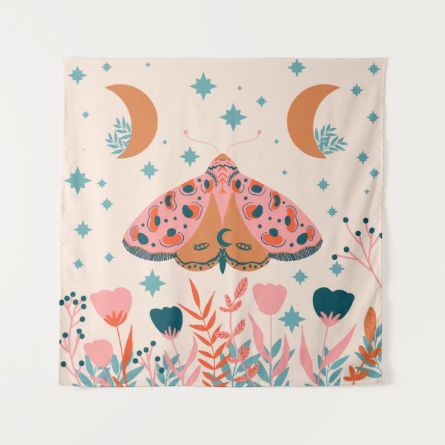 Folk Art Moths: Bright Vintage Illustration Tapestry (Front)