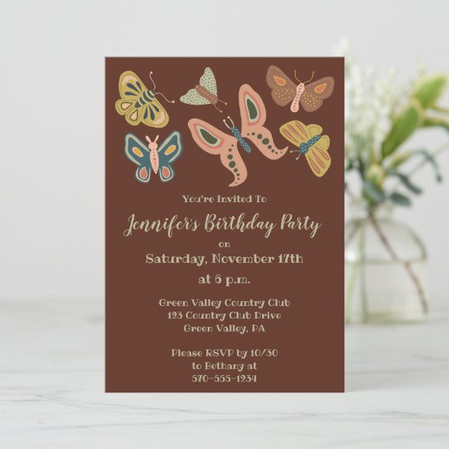 Folk Art Moths, Butterflies Custom Birthday Party Invitation (Standing Front)