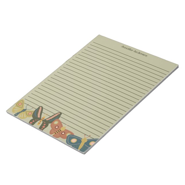 Folk Art Moths, Butterflies Lined Sage Green Notepad (Angled)