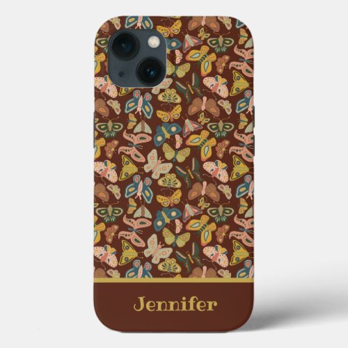 Folk Art Moths Butterflies on Brown Personalized iPhone 13 Case