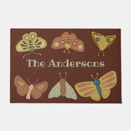 Folk Art Moths Butterflies on Brown Personalized Doormat