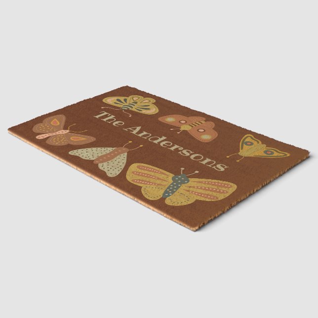 Folk Art Moths Butterflies on Brown Personalized Fiber Doormat (Corner)