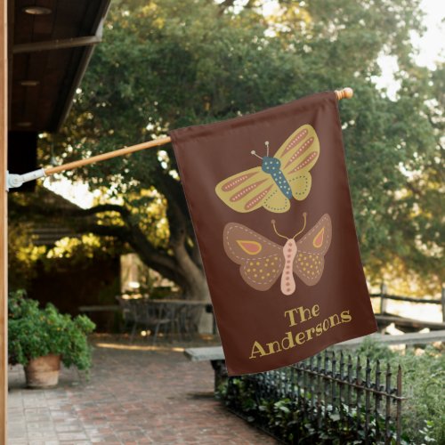 Folk Art Moths Butterflies on Brown Personalized House Flag