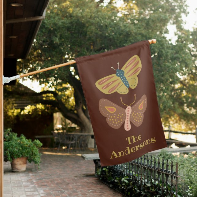 Folk Art Moths Butterflies on Brown Personalized House Flag (In SItu)