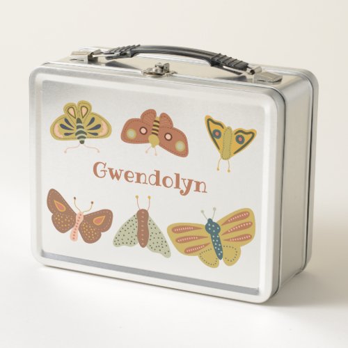 Folk Art Moths Butterflies Personalized Metal Lunch Box