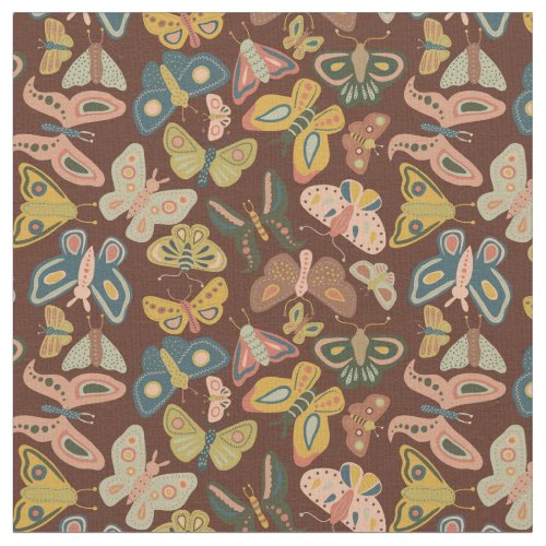 Folk Art Moths Butterflies Pink Blue Brown Fabric