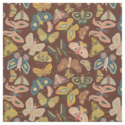 Folk Art Moths Butterflies Pink Blue Brown Fabric