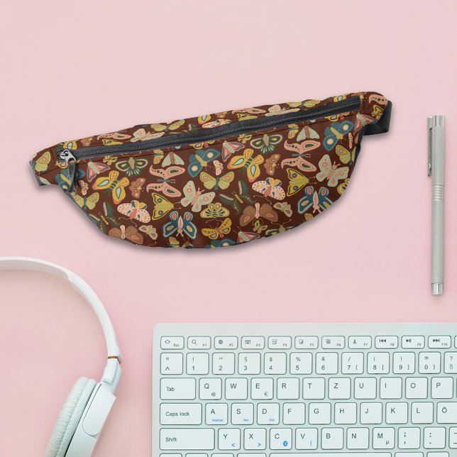 Folk Art Moths Butterflies Pink Blue Brown Fanny Pack (Creator Uploaded)